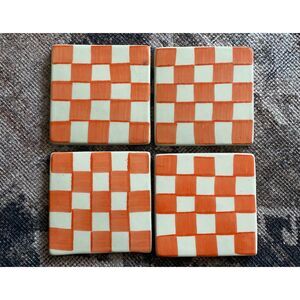4 Hand-Painted Checker Gingham Ceramic Hand Tiles / Coasters – Orange & Cream